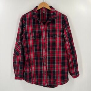Eddie Bauer Lumberjack Plaid Flannel Shirt Women L Outdoors Camping Elbow Patch